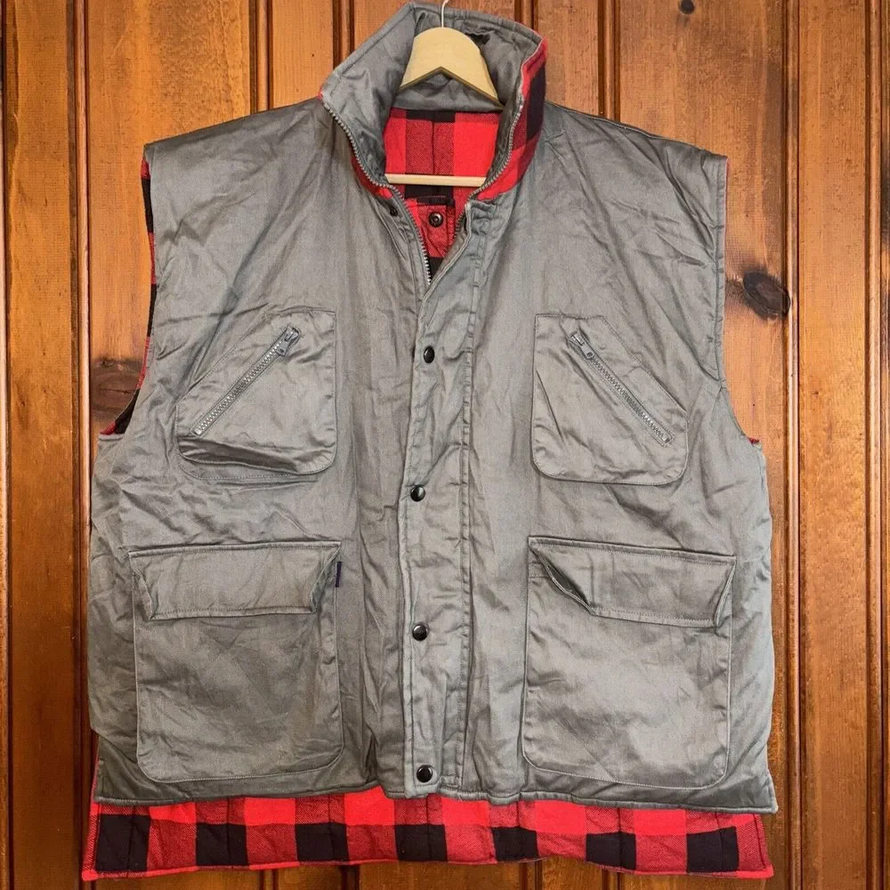 VTG Classic Collection Reversable Quilted Vest L Buffalo Plaid Gray Canvas Cargo